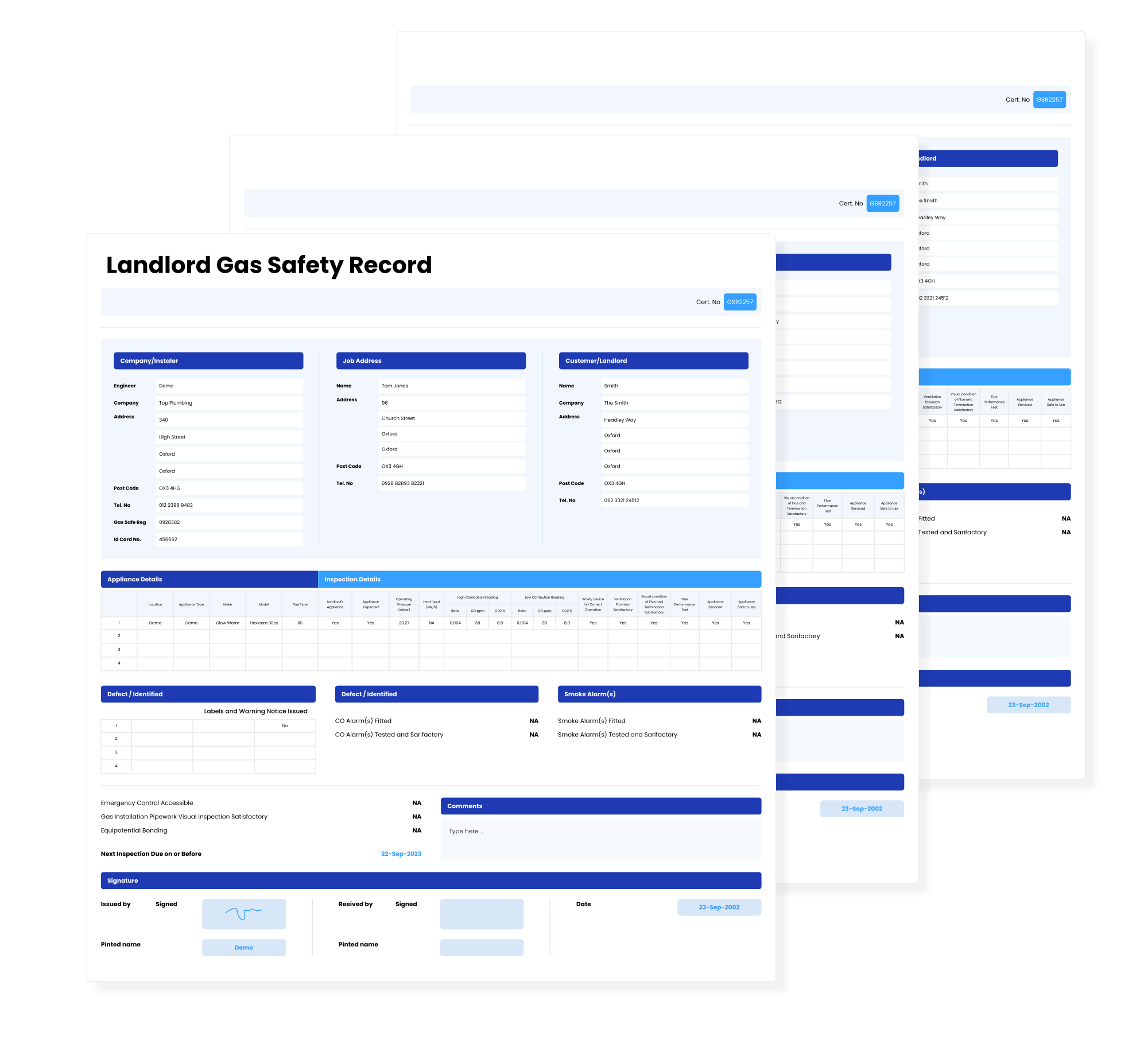 A landlord gas safety record on Gas Engineer Software