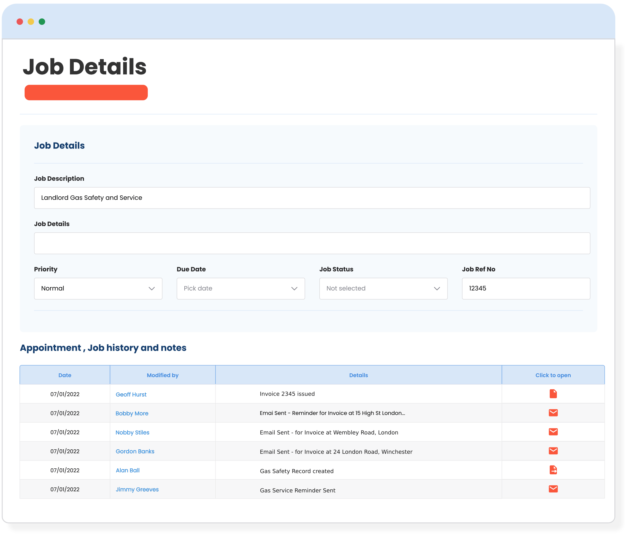 Job Management Software previous Job History