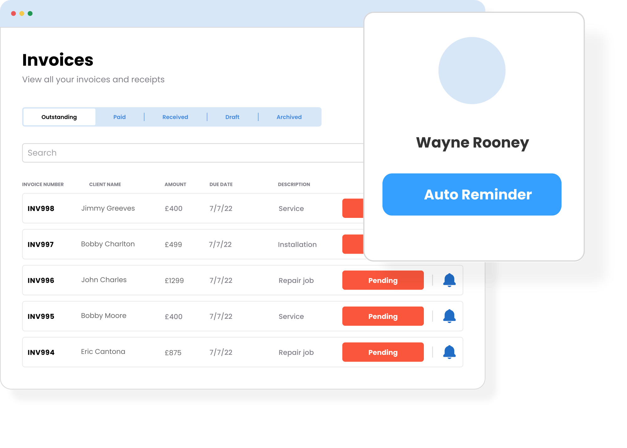 See in real-time the status of all invoices and chase late payers with automated reminders